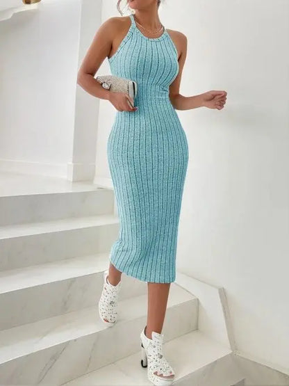 Solid Halter Neck Bodycon Midi Dress