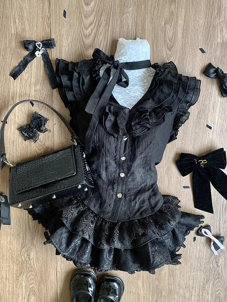 Conjunto de Cárdigan Tejido con Lazo y Minifalda Escocesa con Volantes