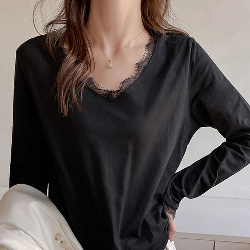 Camiseta Sexy de Encaje con Manga Larga para Mujer, Todo a Juego, Holgada, con Cuello en V, Jersey para Mujer, Primavera Otoño, Blusas Básicas de Color Sólido para Mujer