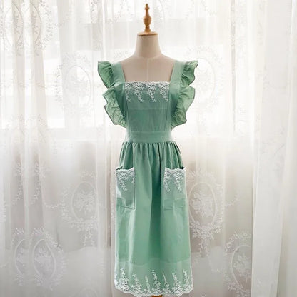Washed Cotton Linen Lace Kitchen Apron