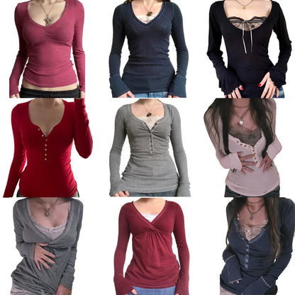 Ribbed Knitted Long Sleeve Slim Fit Tees