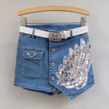 Sequin Denim Short Skirt