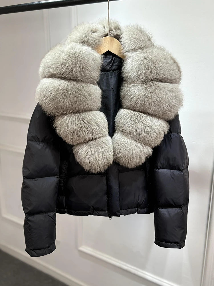 Lagabogy 2025 Abrigo casual cálido de mujer, parka de plumón, abrigo de lujo con cuello de piel de zorro natural, chaqueta de plumón de pato blanco para mujer