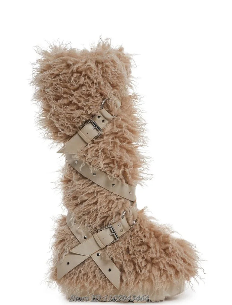 Fur Strappy Knee High Boots