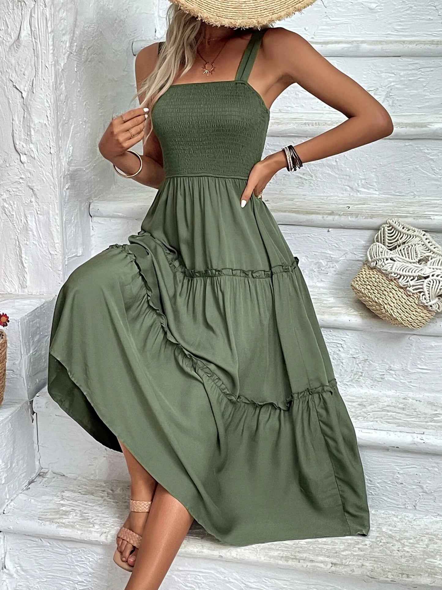 Ruched Bust Ruffle Hem Sleeveless Slip Dress