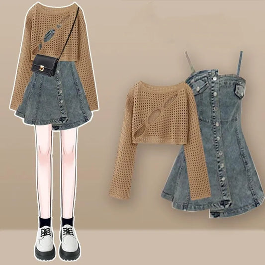 Conjunto de Top de Manga Larga Calado + Falda Vaquera de Tirantes