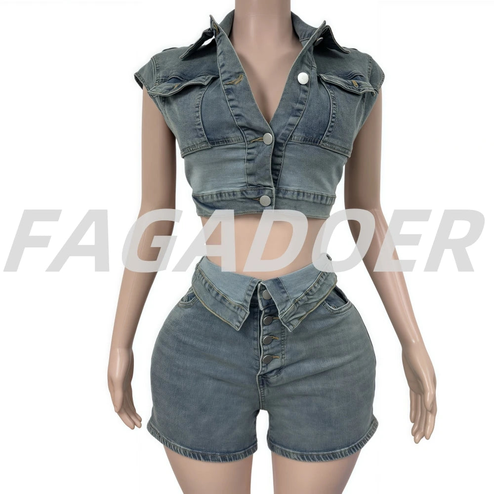 Top corto de patchwork sin mangas con bolsillos cargo + Conjunto de pantalones cortos de tiro alto