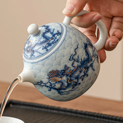 Metal Inlay Blue and White Dragon Teapot