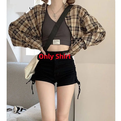 Conjunto de dos piezas de camisa a cuadros y vestido sexy irregular a juego, moda de verano/otoño, elegante cárdigan de estilo coreano con falda a rayas para mujer