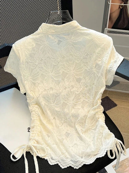 Short Sleeve Draw String Jacquard Crop Top