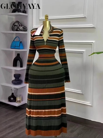 Striped Long Sleeve V-neck Maxi Dress