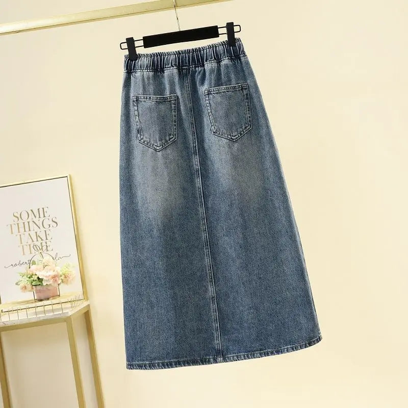 Drawstring Elastic Waist Split Denim Skirt