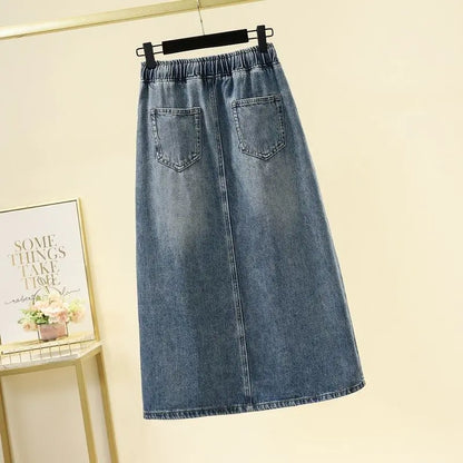 Drawstring Elastic Waist Split Denim Skirt