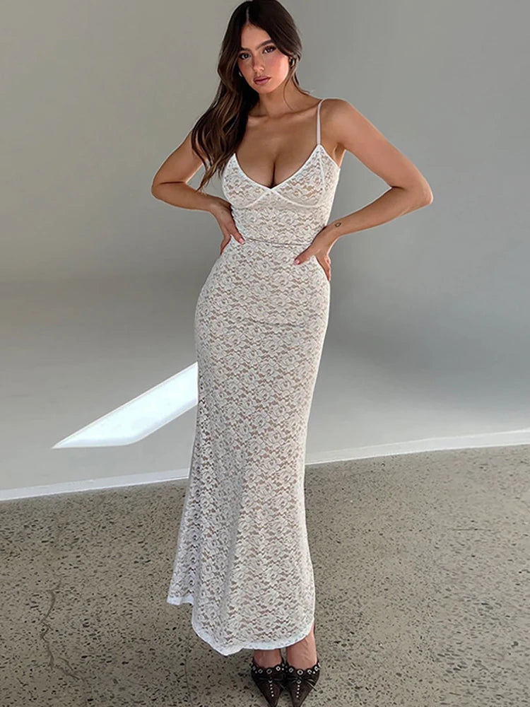 Lace Hollow Out Backless Maxi Dress