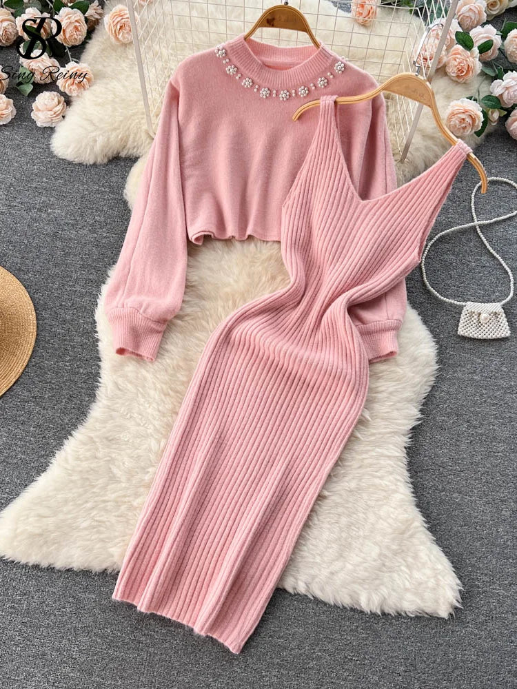 Jersey de Perlas de Manga Larga + Conjunto de Vestido Camisero de Punto