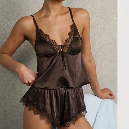 Lace Trim Satin Cami Top and Silky Shorts Set