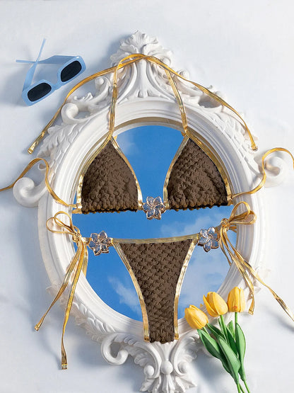 Metal Flower Wrinkled Halter Micro Thong Bikini