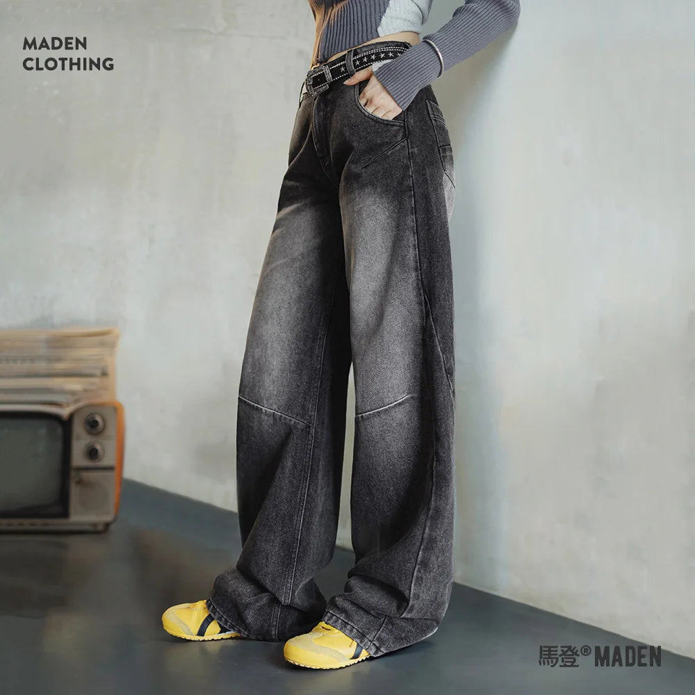 Maden Jeans Negros 3D-Cut para Mujer, de Tiro Medio, Pantalones Rectos, Temporada de Primavera y Otoño, Pantalones Casuales, Jeans de Moda Urbana