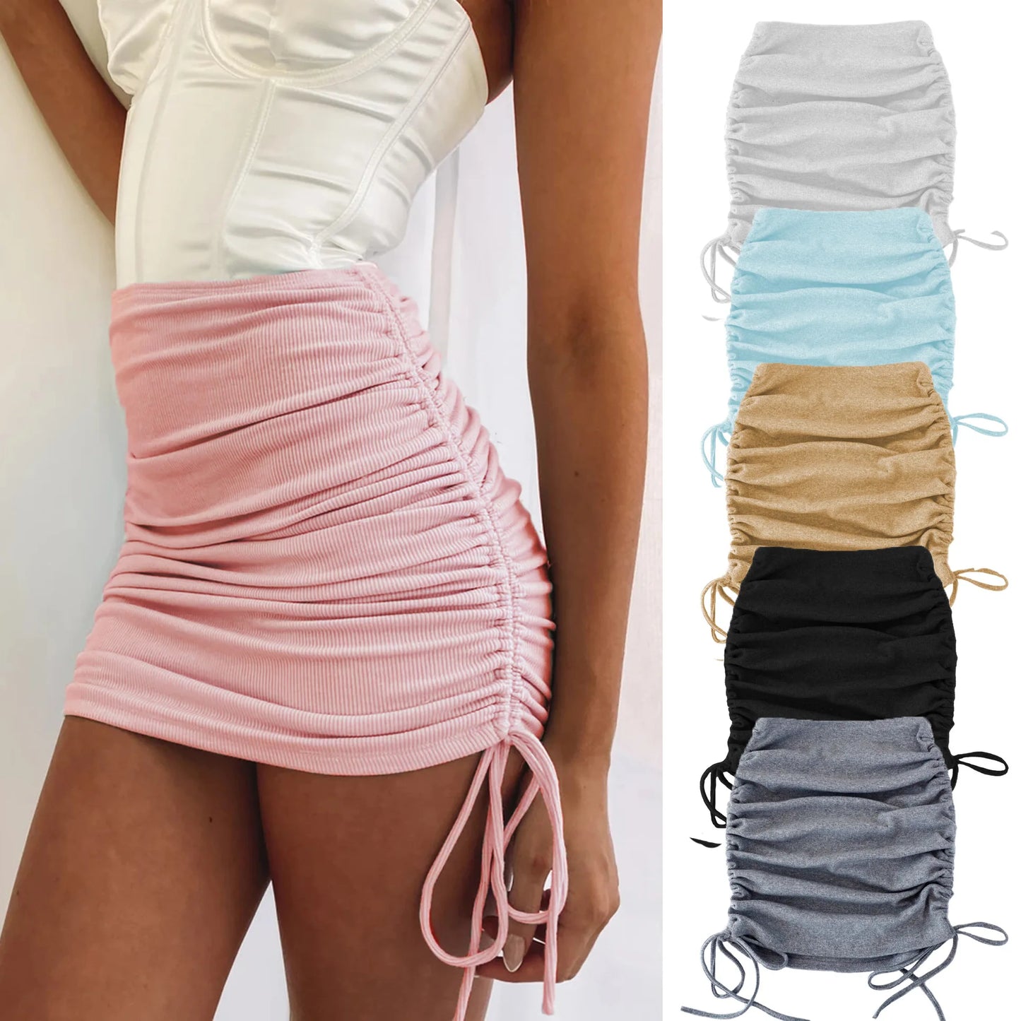 Faldas de Verano para Mujer con Cordones 2022 Hilo de Punto Lateral con Cordón Elástico Corrugado Sexy Cadera Ajustable Casual WSL4321
