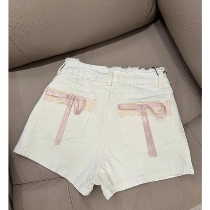 Pantalones cortos de mezclilla MEXZT Kawaii con lazo para mujer, vaqueros cortos de encaje blanco Cutecore, moda de verano, ropa urbana coreana, pantalones cortos de cintura alta.