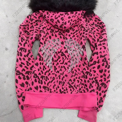 Sudadera con capucha de mujer con estampado de leopardo, cuello de piel, patrón de ala, cremallera, estilo urbano, tops Trash Punk Hip Hop Rock Retro Moda Casual Y2K