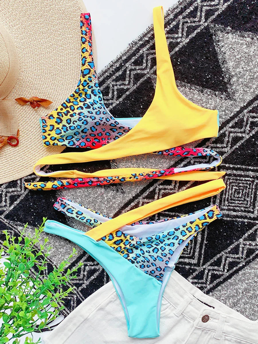 Splicing Cross Bandage Thong Bikini