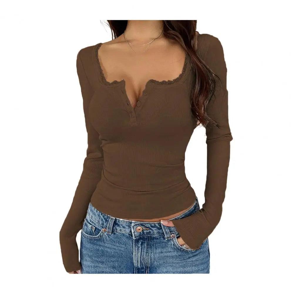 Regular Fit Long Sleeve V Neck Lace Stitching Pullover Top