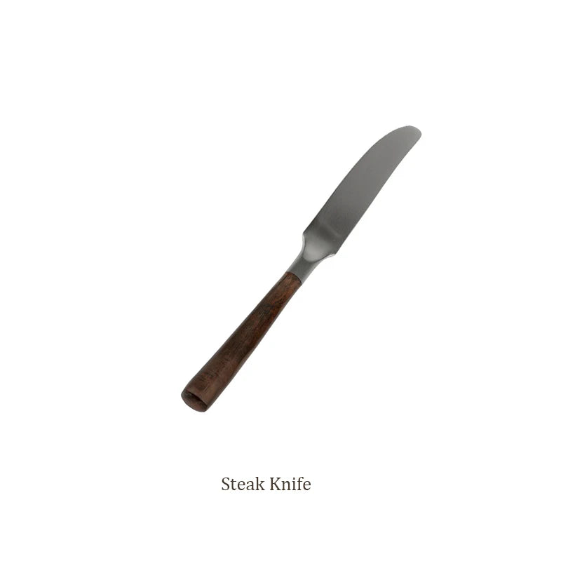 Retro Wooden Handle Dinner Knife Fork and Spoon Set