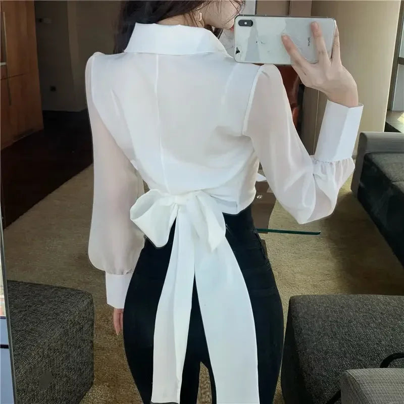 V-neck Bandage Bow Slim Waist Chiffon Blouse