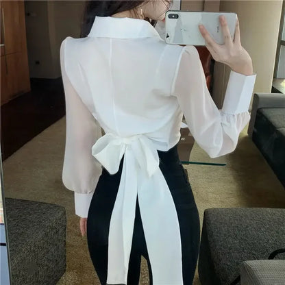 V-neck Bandage Bow Slim Waist Chiffon Blouse