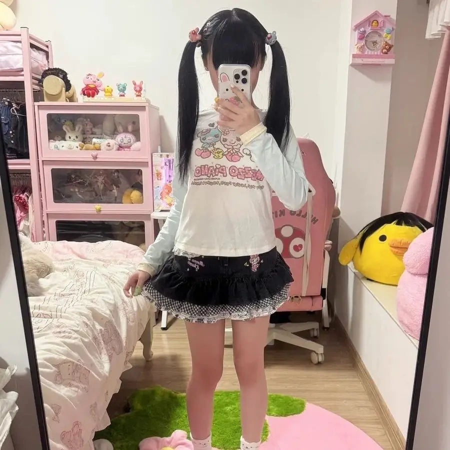 Camiseta de manga larga japonesa con estampado de dibujos animados Jojifuku para hija, camiseta nueva dulce de otoño para niña, camisetas interiores lindas con estética Y2k