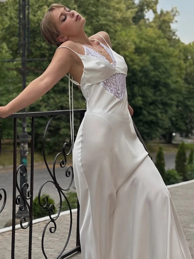 Lace Sleeveless Hollow Out Backless High-Waisted Patchwork Dress