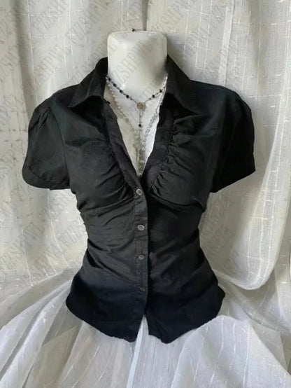 Short Sleeve Slim Fit Button Up Blouse
