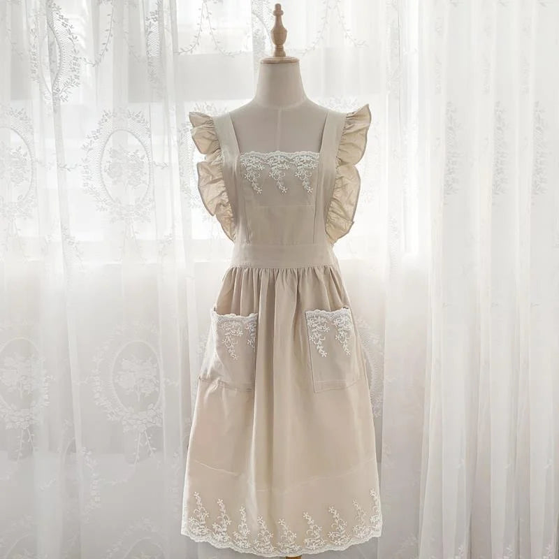 Washed Cotton Linen Lace Kitchen Apron