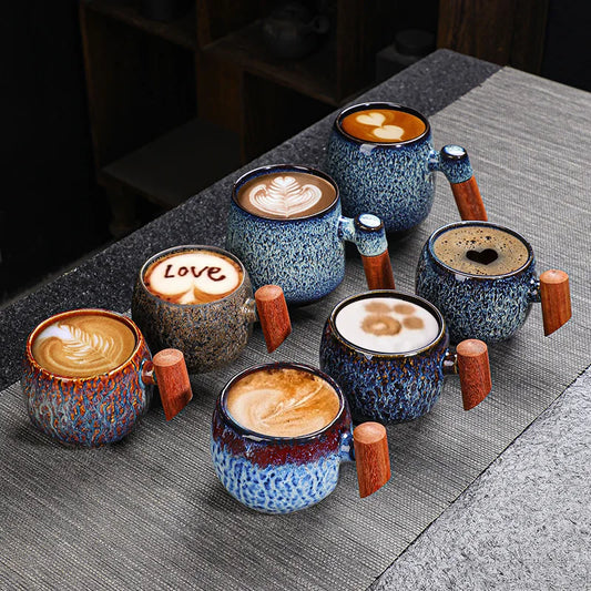 Kiln-changed ceramic wood handle mug