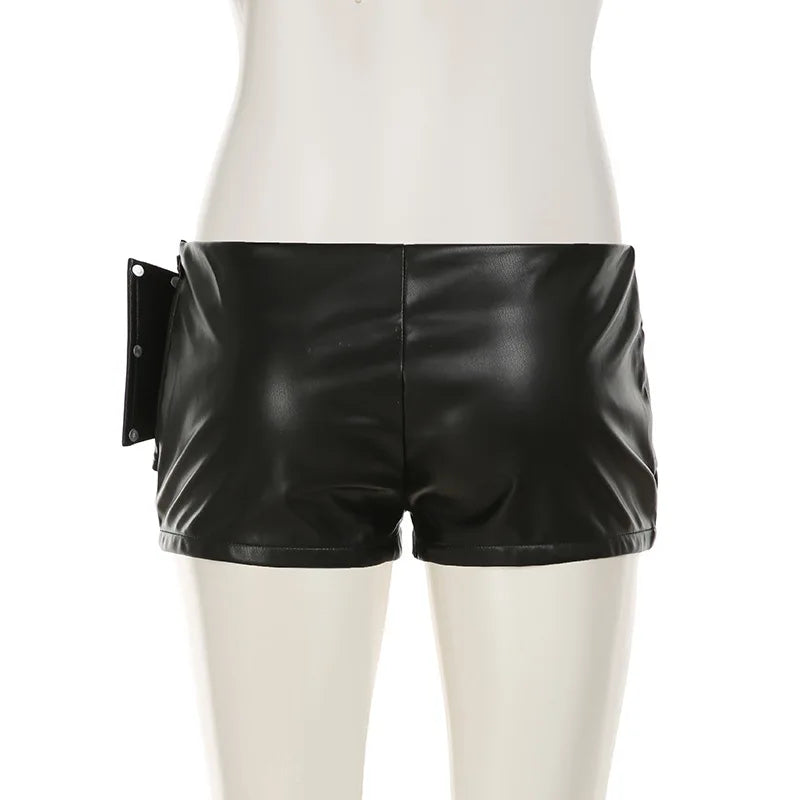 Rivet Buckle Belt Low Waist Leather Shorts