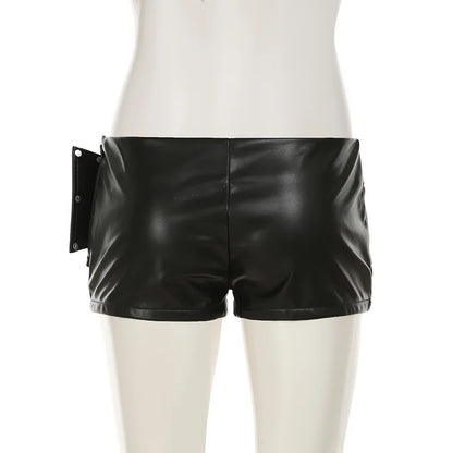 Rivet Buckle Belt Low Waist Leather Shorts