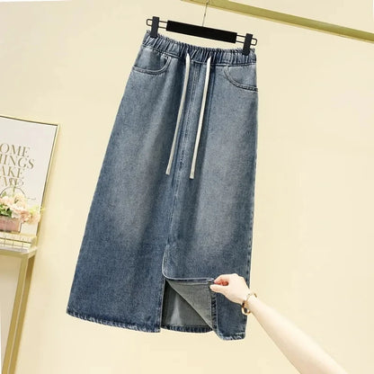 Drawstring Elastic Waist Split Denim Skirt