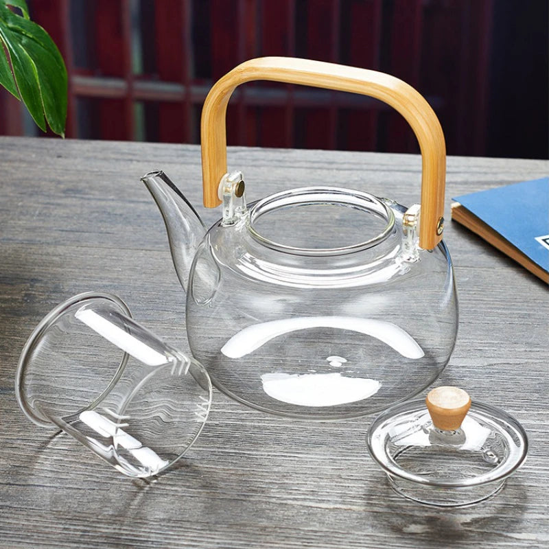 High Borosilicate Glass Chinese Tea Ceremony Clear Teapot with Filter Wood Handle