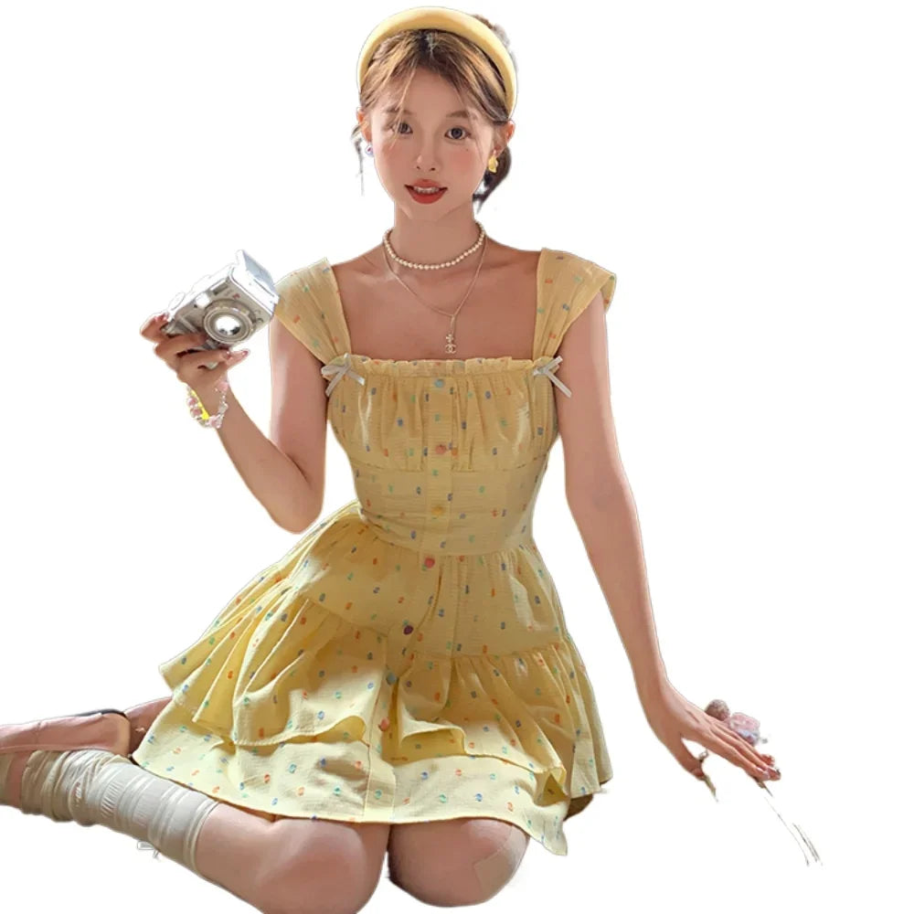 Polka Dot Square Collar Waist Cinched A-line Suspender Dress