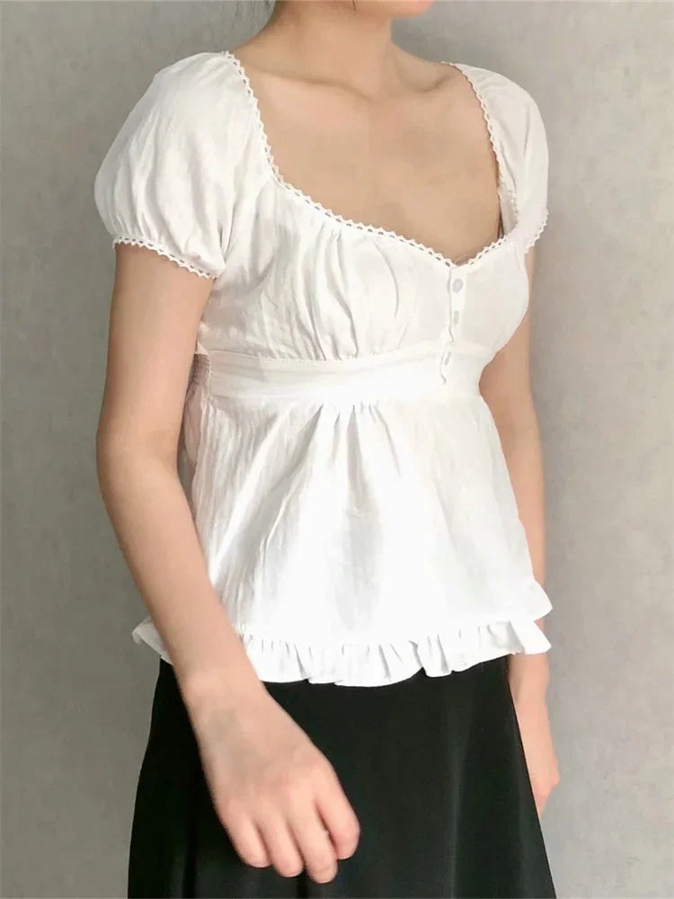 Puff Short Sleeve Square Neck Ruffle Shirt