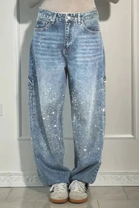 Star Embroidered Rhinestone Jeans