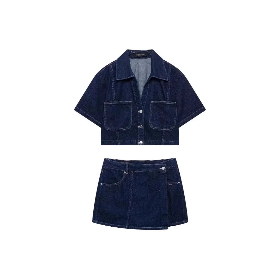 Conjunto de camisa corta de denim + minifalda