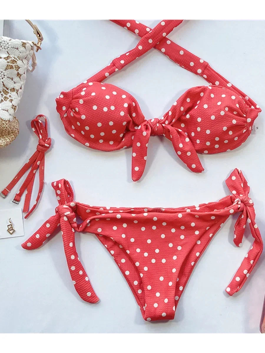Ribbed Knotted Polka Dot Bikini
