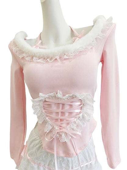 Halter Neck Long Sleeve Top with Lace Heart Patch & Bows