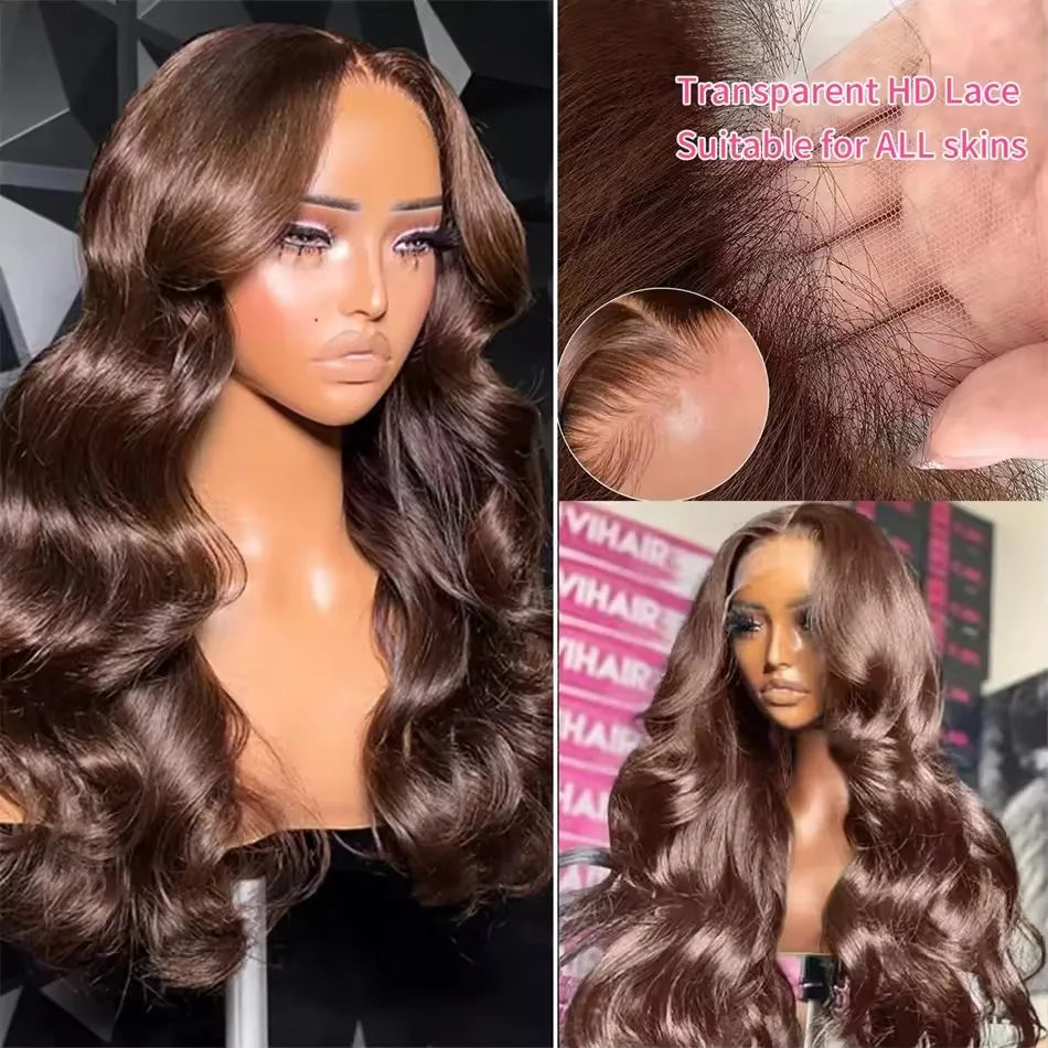 Peluca frontal de encaje ondulada con cuerpo, de cabello brasileño, chocolate.