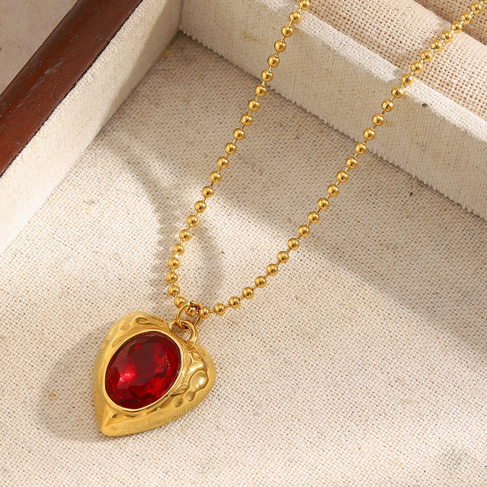 E.B.belle PVD Plated Beaded Chain Heart Shape Red Gemstone Pendant Necklace
