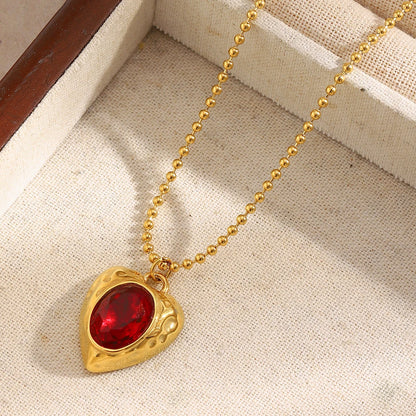 E.B.belle PVD Plated Beaded Chain Heart Shape Red Gemstone Pendant Necklace
