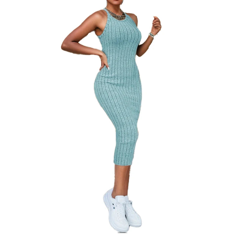 Solid Halter Neck Bodycon Midi Dress