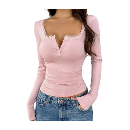 Regular Fit Long Sleeve V Neck Lace Stitching Pullover Top